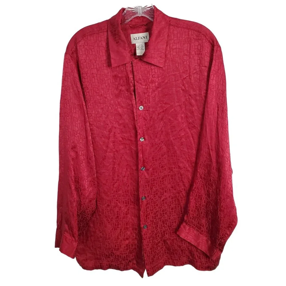 Alfani Mens Size M Shirt Pajama Top 100% Silk Button Down Geometric Textured - Picture 1 of 10